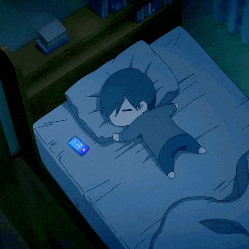 a cartoon character laying on a bed with a phone that says 4:20 on the screen