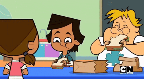 three cartoon characters are sitting at a table eating sandwiches with cn in the corner