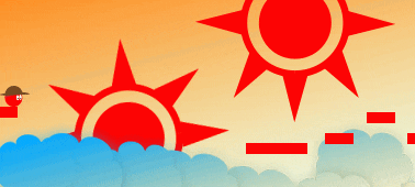 a cartoon drawing of two red suns with a man in a hat behind them