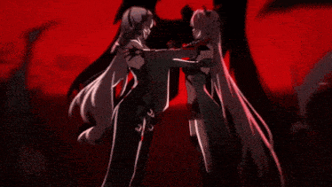 a couple of anime characters in a dark room with a red light behind them