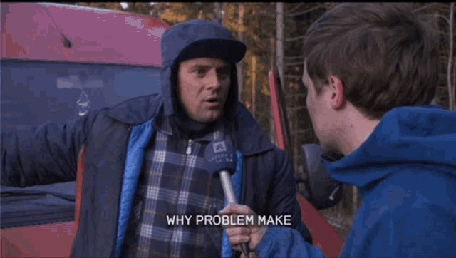 a man wearing a blue jacket and a hat says when you know problem you don 't want to make