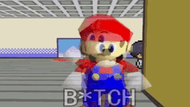 a pixelated image of mario with the words b * tch above him