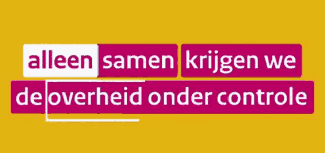 a yellow background with the words alleen samen krijgen we de overheid onder controle on it