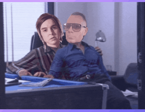 a man and a woman are sitting next to each other and the man is wearing sunglasses