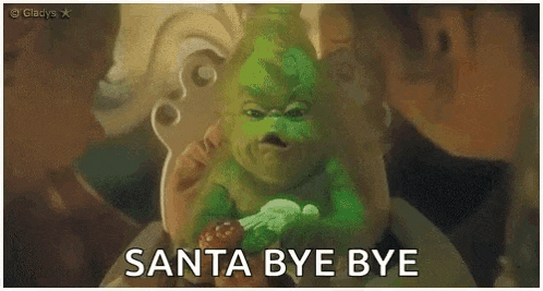 a baby grinch is sitting in a chair with the words `` santa bye bye '' written on it .