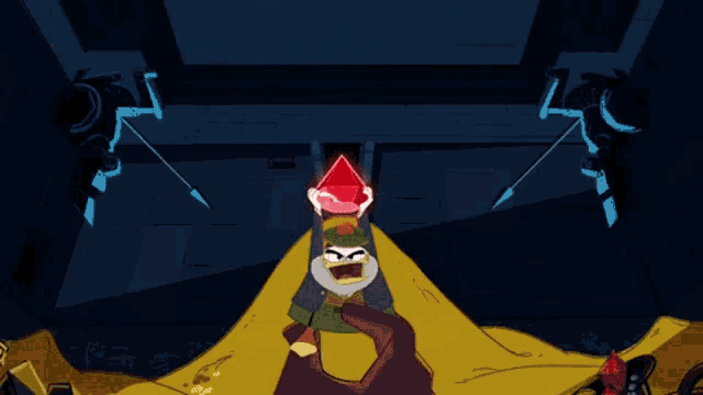 a cartoon character with a beard is holding a red triangle