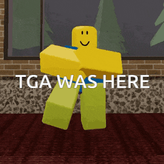 a yellow roblox character is dancing in a room with the words tga was here below him