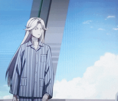 a woman with long white hair wearing a striped pajama shirt