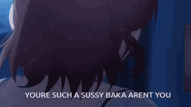 a picture of a girl with the words " youre such a sussy baka aren 't you "