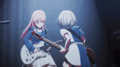 two anime girls are playing guitars and singing into microphones