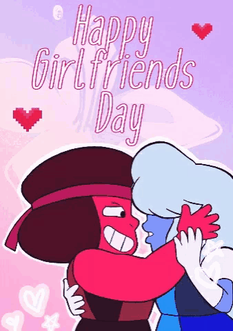a happy girlfriends day card with two cartoon characters hugging
