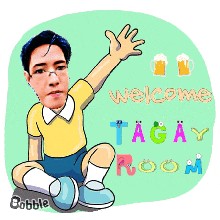 a cartoon of a man waving with the words welcome tagay room below