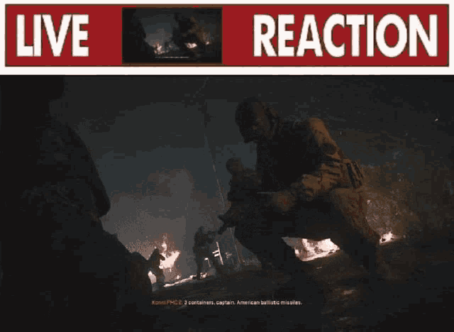 a sign that says live reaction with a picture of soldiers in the background
