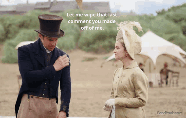 a man in a top hat is standing next to a woman in a hat