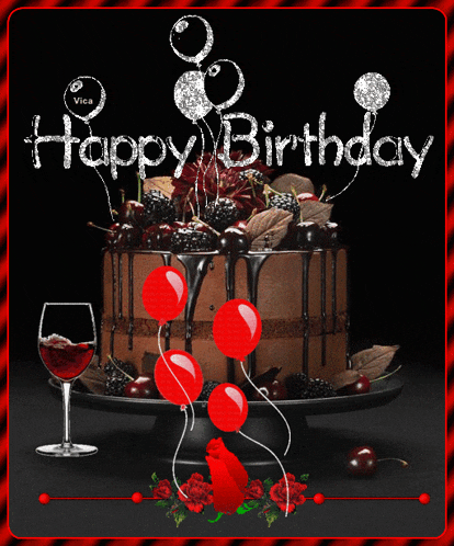 a happy birthday greeting card with a cake and wine