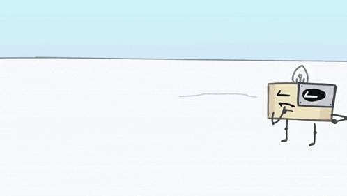 a cartoon drawing of a snowman with a camera standing next to him
