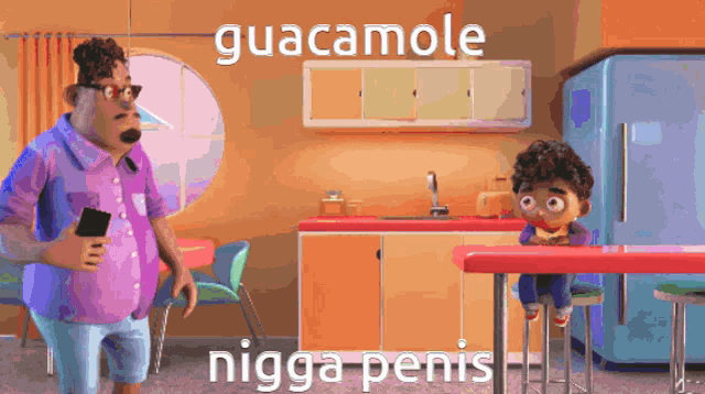 a cartoon scene with guacamole and nigga penis written on the bottom