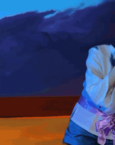 a painting of a woman with short hair and a purple belt