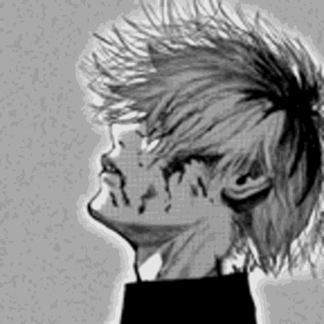 a black and white drawing of a person 's face with long hair .