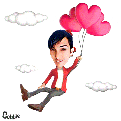 a cartoon of a man holding a bunch of heart shaped balloons with the name bobble on the bottom