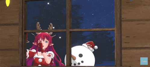 a girl with red hair and antlers looks out of a window at a snowman