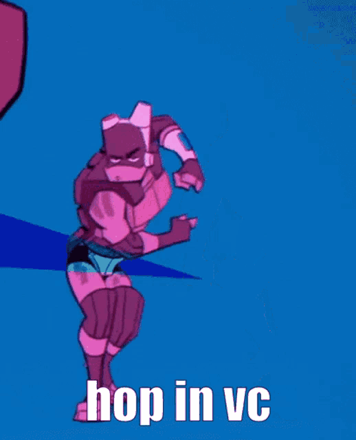 a cartoon character with the words hop in vc written on the bottom