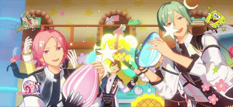 a group of anime characters are standing next to each other in a room with a spongebob squarepants character in the background .