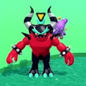 a red monster with horns is standing in the water next to a purple balloon .