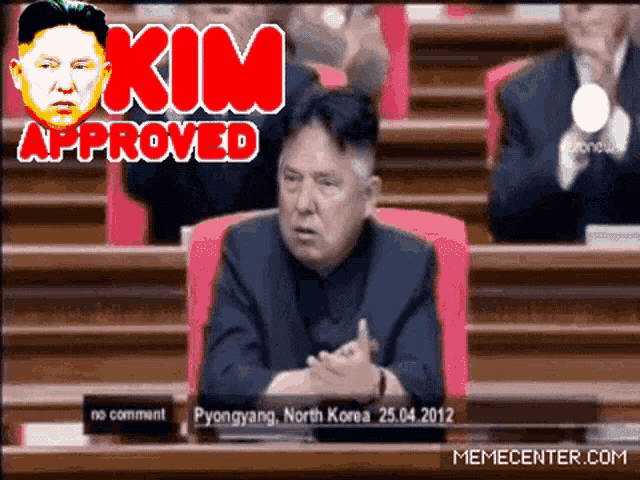 a cartoon of kim jong un giving a speech with the caption kim approved