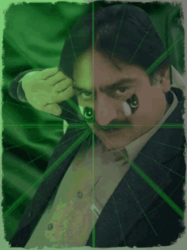 a man with a flag on his face is surrounded by green lines
