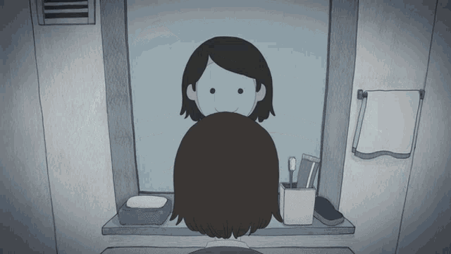 a cartoon drawing of a woman looking at herself in a mirror