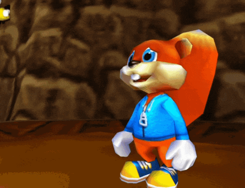 a cartoon squirrel is wearing a blue jacket with a letter b on it