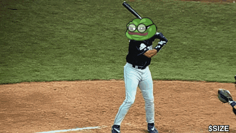a baseball player with a frog face on his head getting ready to hit the ball