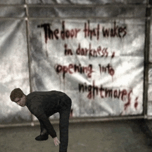 a man squatting in front of a sign that says the door that wakes in darkness