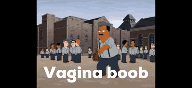 a cartoon of a man walking in front of a group of people with the words vagina boob written below him
