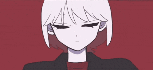 a girl with red eyes and white hair is making a stop sign with her hands