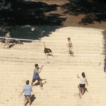 a group of people play volleyball on a sandy beach