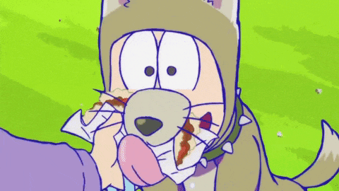 a cartoon character is wearing a dog costume and eating something .