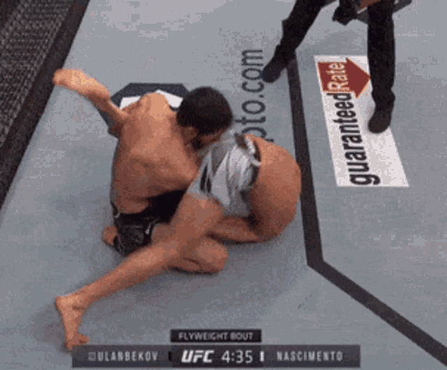 two men are wrestling in a ufc ring with a guaranteed rate ad on the floor