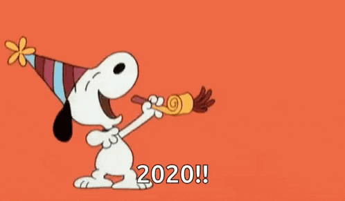 snoopy is wearing a party hat and blowing a party horn to celebrate the new year .