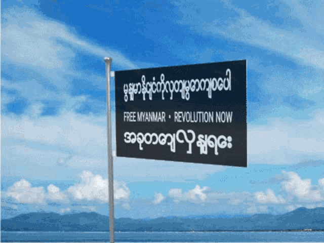 a sign that says " free myanmar revolution now " against a blue sky