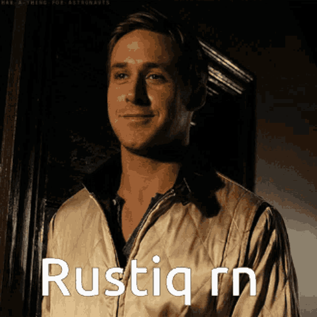a man wearing a jacket with the words rustiq written on it