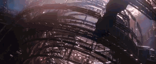 a very large building with a lot of wires hanging from it