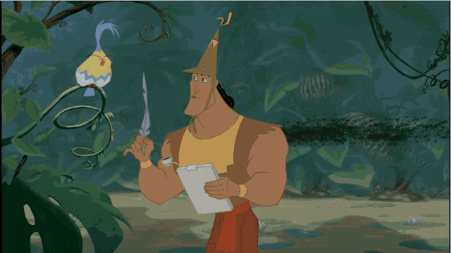 a cartoon character is holding a clipboard and a quill