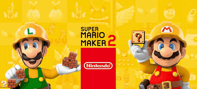 a poster for super mario maker 2 shows mario holding bricks