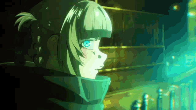 a girl with blonde hair and blue eyes is in a dark room