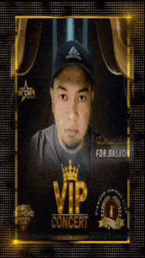 a poster for a vip concert shows a man wearing an adidas cap