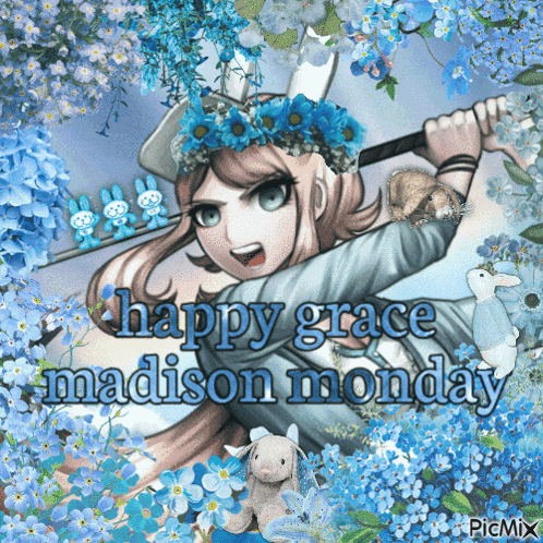 a picture of a girl with a flower crown on her head and the words happy grace madison monday
