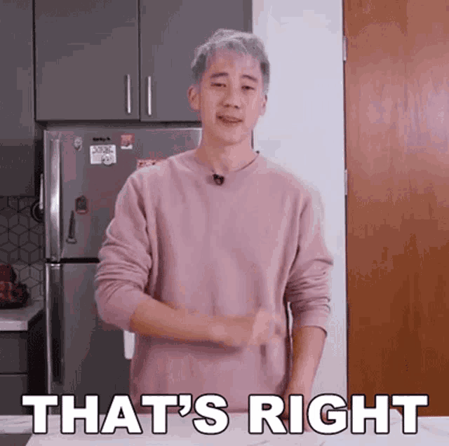 a man in a pink sweater is standing in front of a refrigerator and says that 's right