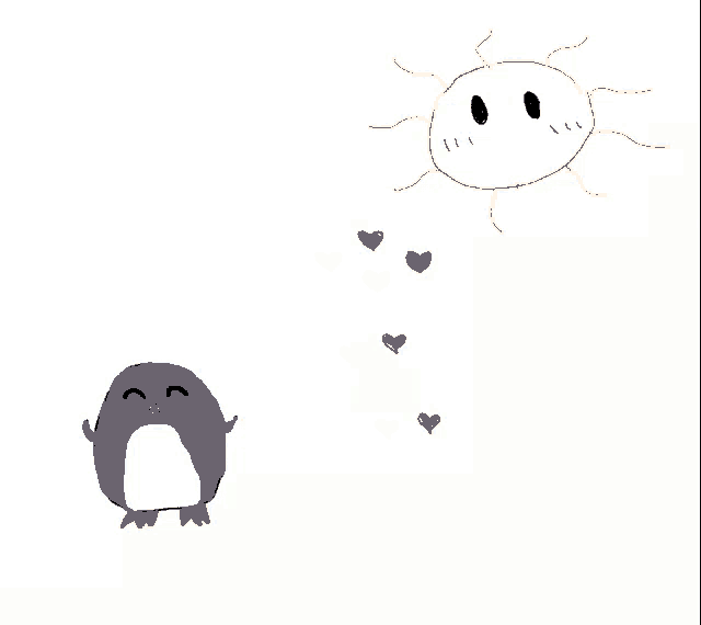 a drawing of a penguin and a sun with hearts